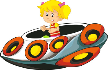 Cartoon kid on a toy funfair space ship or star ship amusement park or playground isolated illustration for children