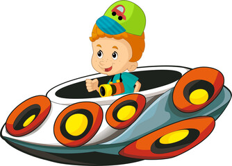 Cartoon kid on a toy funfair space ship or star ship amusement park or playground isolated illustration for children