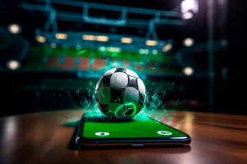 Virtual sports betting on soccer using smartphone, currency and ball. Generative AI