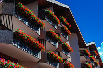 Alps traditional house with flowers at summer