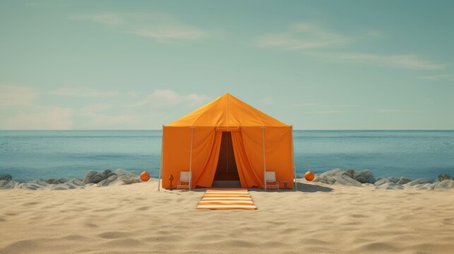 Tent on the beach to protect yourself from the sun, on the beach, sand and orange tent, in the background the horizon and clear sky