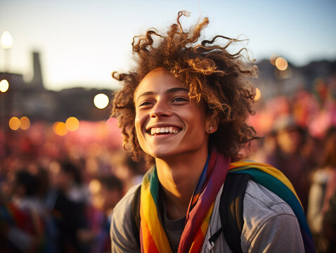Cheerful young men /  woman with lgbt flag smiling and taking selfie on street during pride festival on sunny summer day in city 