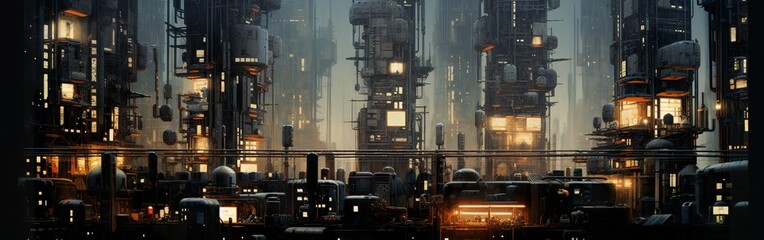 Futuristic moody dystopian cityscape at night with dark allies and large skyscrapers. AI generative