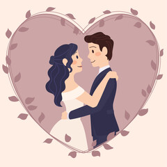 Isolated cute wedding couple characters on a heart shape Vector illustration