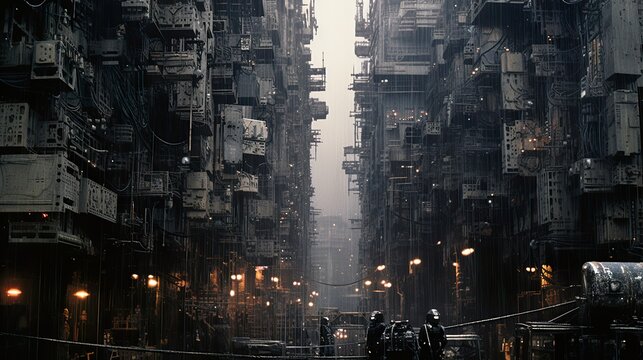 Futuristic moody dystopian cityscape at night with dark allies and large skyscrapers. AI generative