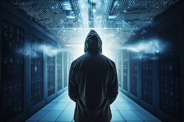 Hacker in a sever room, Unleashing the Futuristic Technoverse: Silhouette Hoodie Man Ventures into an Action-Packed Data Center, Engaging with Boundless Innovation amidst Opacity and Radiant Clusters