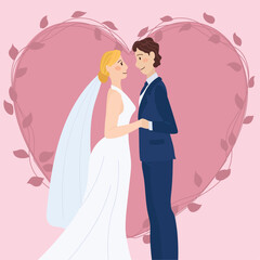 Isolated cute wedding couple characters on a heart shape Vector illustration