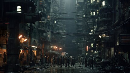 Fototapeta na wymiar Futuristic moody dystopian cityscape at night with dark allies and large skyscrapers. AI generative