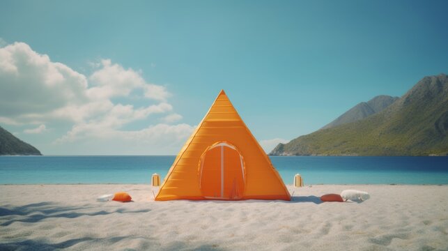 Tent on the beach to protect yourself from the sun, on the beach, sand and orange tent, in the background the horizon and clear sky