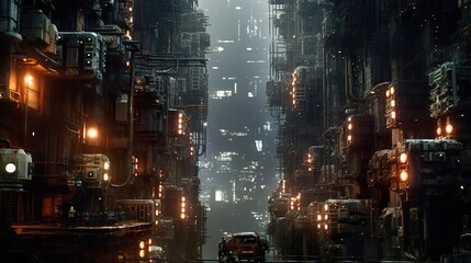 Naklejka na ściany i meble Futuristic moody dystopian cityscape at night with dark allies and large skyscrapers. AI generative