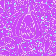 Halloween cartoon seamless pumpkins and witch hat and ghost and bones and skulls pattern for wrapping paper