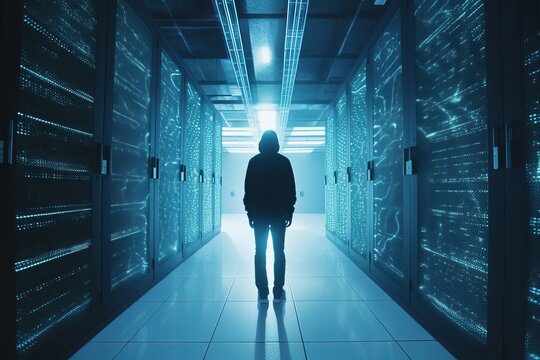 Hacker in a sever room, Unleashing the Futuristic Technoverse: Silhouette Hoodie Man Ventures into an Action-Packed Data Center, Engaging with Boundless Innovation amidst Opacity and Radiant Clusters