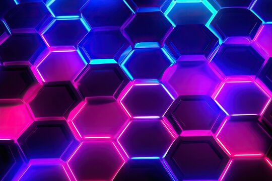 Dark honeycomb abstract technology pattern. Bright neon colors. Hexagonal gaming tech background. Fluorescent purple, violet and blue