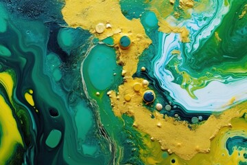 Abstract fluid acrylic painting. Modern art. Marbled green and yellow abstract background. Liquid marble pattern. Fluid art texture. Mixed paints for interior poster