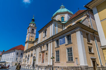 A view along the side of the cathedral in Ljubljana, Slovenia in summertime