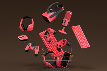 Gamer gears like mouse, keyboard, joystick, headset, VR, web camera in basket