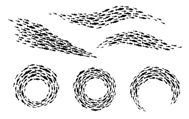 Fish shoal silhouettes, ocean or sea marine fishes school, vector background. Tuna, salmon or herring fish shoals swimming in water by groups in circle or wave, many small fishes school in silhouettes © Vector Tradition