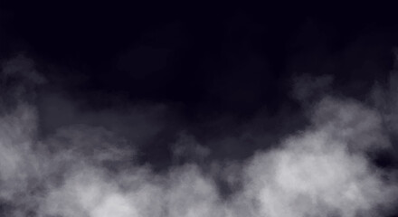 White vector smoke or fog on dark copy space background. Realistic decorative fog effect and transparent magic mist. White vapor. Rising smog mockup. Dust or powder cloud, vector spooky steam template © Rudzhan