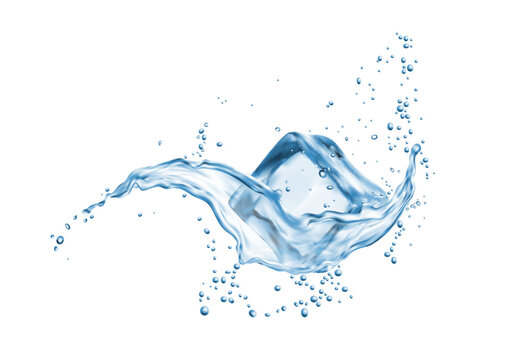Water swirl splash and ice cube with splatters. Isolated 3d vector dynamic and captivating movement, energy, and the refreshing sensation of realistic transparent liquid and frozen aqua in motion