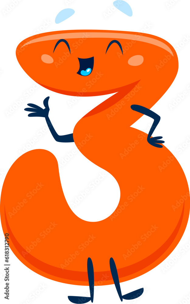 Poster cartoon cute funny number three character with expressive eyes and charming smile. isolated vector o