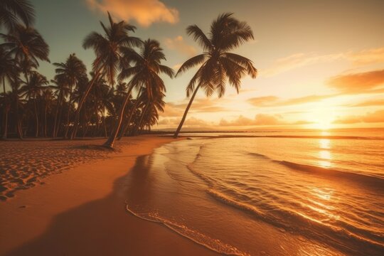 stock photo of A beautiful beach with coconuts trees