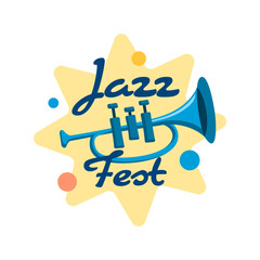 Jazz music festival icon for live concert and band performance, vector poster. Jazz or blues music fest symbol of trumpet for acoustic band and music club or bar and entertainment event emblem