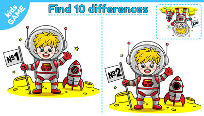 Educational game for kids. Find 10 differences. Cartoon cute astronaut boy with spacecraft on moon in space. Puzzle for children. Worksheet for preschool and school education. Vector illustration.