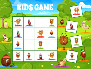 Fototapeta premium Sudoku kids game, cartoon nut characters on yoga fitness sport, vector quiz puzzle. Sudoku riddle worksheet grid to find and match coconut, peanut and almond on fitness, cashew and hazelnut on yoga