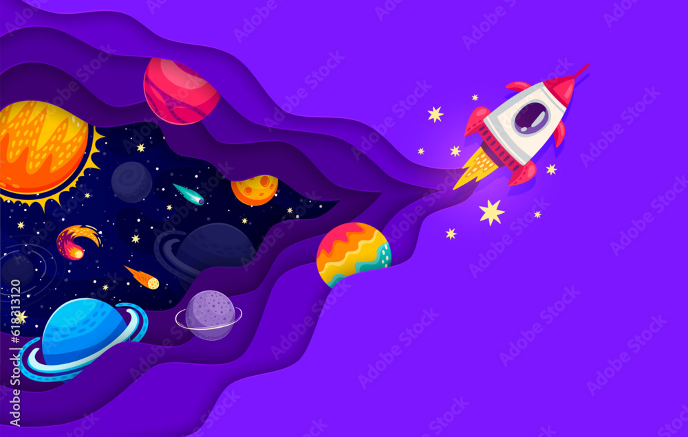 Poster space paper cut poster with flying rocket spaceship and galaxy planets. mesmerizing 3d vector scene 