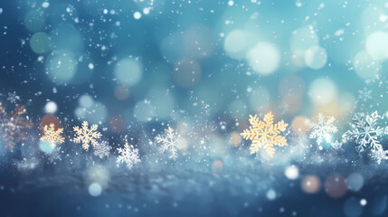 a background / cover illustration of snowflakes in perfect Bokeh light around Christmas, Generative AI 