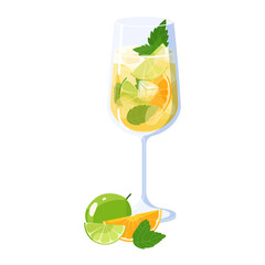 Hugo spritz cocktail with lime, orange slice and mint leaves vector isolated on white background. Summer Alcohol drink Italian aperitif with ice cubes, liqueur, prosecco and sparkling soda water