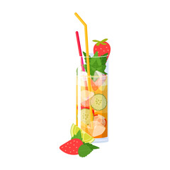 Pimm's cup cocktail with cucumber slice, strawberry, mint and ice cube isolated on white background. Summer Alcoholic drink based on citrus, cucumber, ale, liqueur and gin vector illustration