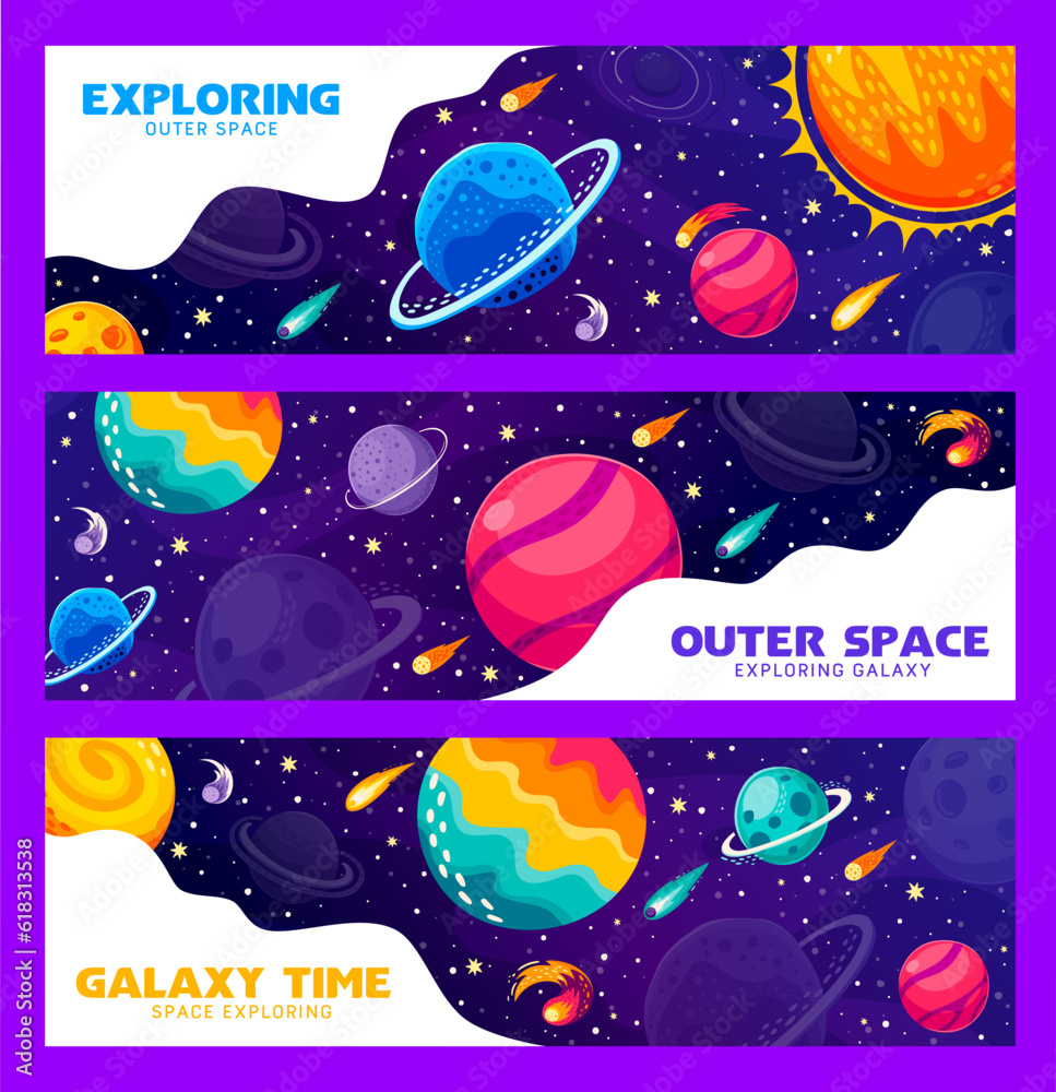 Poster space travel and explore banners. starry galaxy, planets and stars. vector horizontal cards for univ