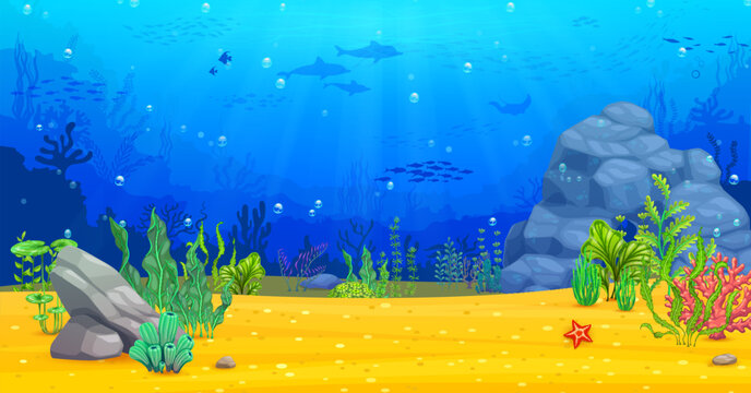 Underwater Sea Landscape, Arcade Game Ocean Level. Cartoon Vector Parallax Background With Sea Bottom, Fish Shoal And Dolphin Silhouettes. Coral, Plants And Rocks. Tropical Ocean Floor, Undersea World