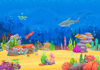 Fototapeta na wymiar Underwater cartoon landscape with shark, sunken boat, squid, fish shoal and seaweeds captivating and adventurous sea scene full of bright marine life. Vector game level background with whimsical world