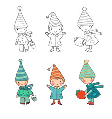 Cute cartoon gnomes . Forest elves. Little fairies. Illustration for coloring books. Monochrome and colored versions. Vector - 618313919