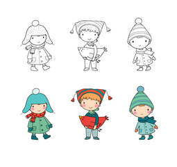 Cute cartoon gnomes . Forest elves. Little fairies. Illustration for coloring books. Monochrome and colored versions. Vector - 618313948