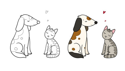 Cartoon cat and dog. Cute animals. Illustration for coloring books. Monochrome and colored versions. Vector - 618313979