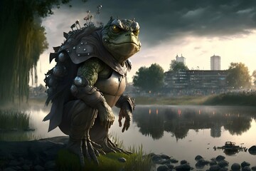 Fototapeta na wymiar character The CyberMonster SAGULINA FROG its standing by the river on the big leave dramatic lighting cinematic wide shot 
