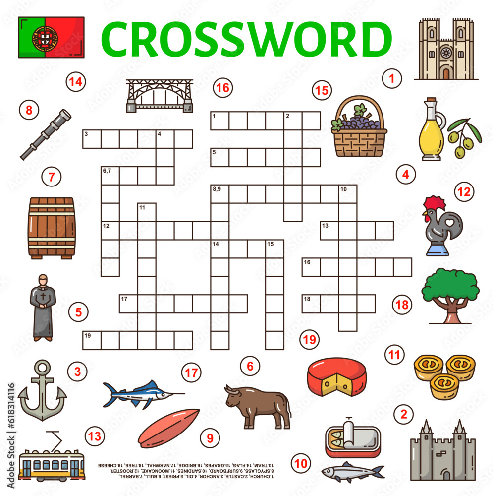 Poster portugal symbols crossword grid, find word quiz game, vector worksheet. crossword riddle to guess wo