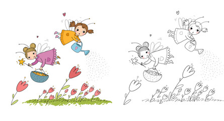 Cute cartoon fairies are flying over the flowers. Little girls. Illustration for coloring books. Monochrome and colored versions. Vector