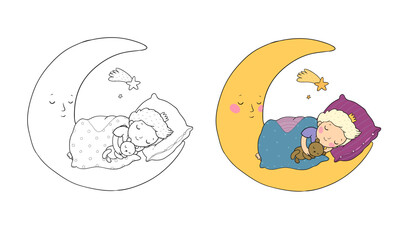 The little prince is sleeping on the moon. Cute cartoon boy in bed. Time to sleep. Good night. Illustration for coloring books. Monochrome and colored versions. Vector - 618314158