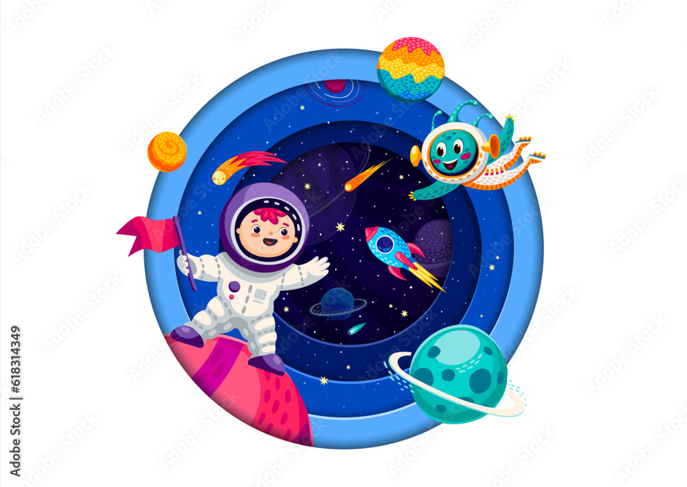 Poster space paper cut banner with cartoon kid astronaut, alien, rocket and starry galaxy. 3d vector round 