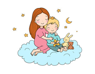 A woman and a child are sitting on a cloud. Mom and son. Brother and sister. The girl hugs the boy. Cute cartoon little prince. A happy family. - 618314305