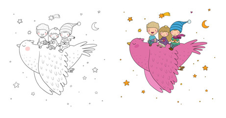Cute cartoon kids are flying on a bird. Funny gnomes and princess. Little elves. Illustration for coloring books. Monochrome and colored versions. - 618314370