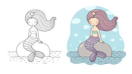 Cute cartoon mermaids. Siren. Sea theme. vector illustration. Beautiful cartoon girl with a fish tail. Illustration for coloring books. Monochrome and colored versions. Vector - 618314502