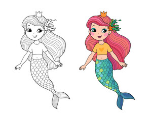 Cute cartoon mermaids. Siren. Sea theme. vector illustration. Beautiful cartoon girl with a fish tail. Illustration for coloring books. Monochrome and colored versions. Vector - 618314543
