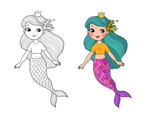Cute cartoon mermaids. Siren. Sea theme. vector illustration. Beautiful cartoon girl with a fish tail. Illustration for coloring books. Monochrome and colored versions. Vector - 618314580