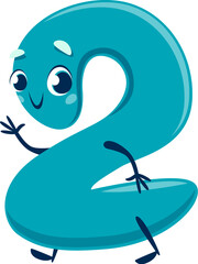 Cartoon cute funny number two character with rounded body, smile, and two big eyes. Isolated vector educational playful and cheerful 2 sign personage for kids preschool education, game or fun learning