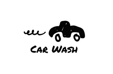 Car wash logo or banner. Logotype for vehicle washing, cleaning. Hand drawn cartoon auto in doodle scribble style (Full Vector)